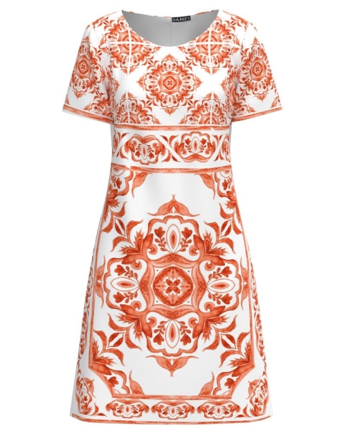 Rochie alba evazata imprimata cu model floral portocaliu CMD4477