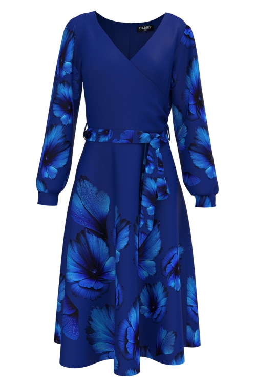 Rochie albastra eleganta cu maneca lunga imprimata floral