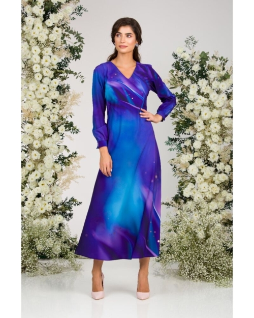 Rochie albastru violet eleganta cu maneca lunga imprimata digital CMD2944 - Img 1