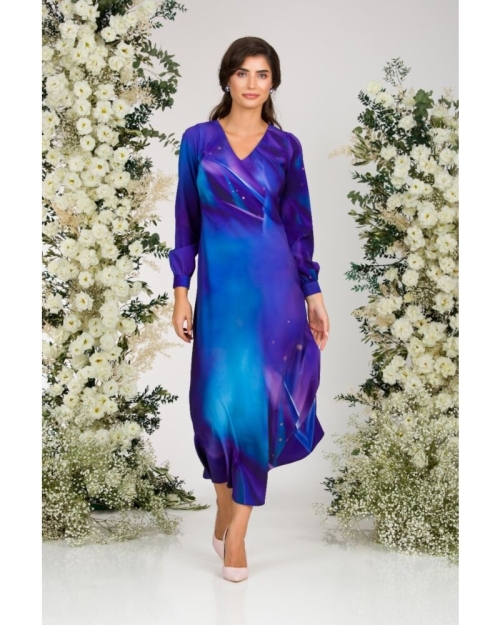 Rochie albastru violet eleganta cu maneca lunga imprimata digital CMD2944 - Img 2