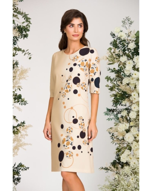 Rochie bej casual imprimata cu model geometic in contrast CMD3183 - Img 2