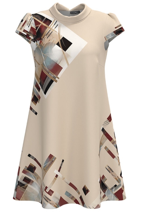 Rochie bej casual imprimata digital cu model grafic SS24 - Img 2