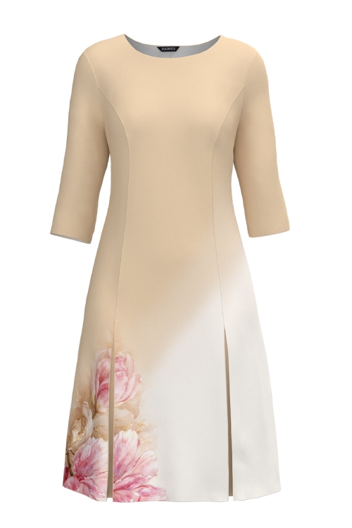 Rochie bej cu pliuri imprimata floral