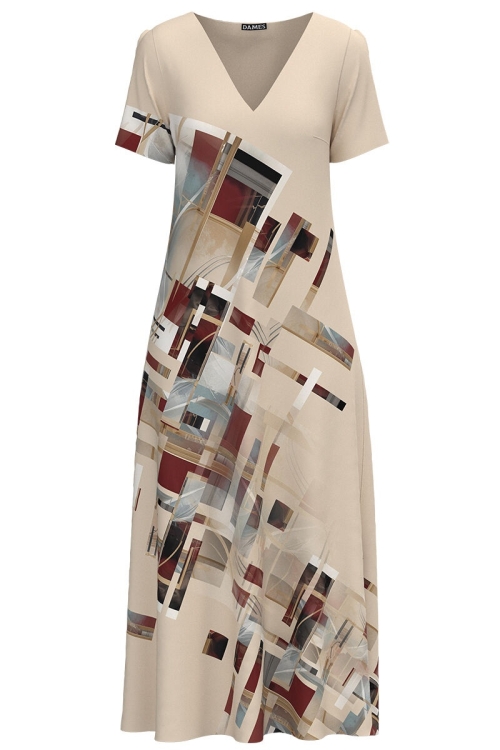 Rochie bej de vara lunga cu buzunare imprimata cu model grafic SS24 - Img 2