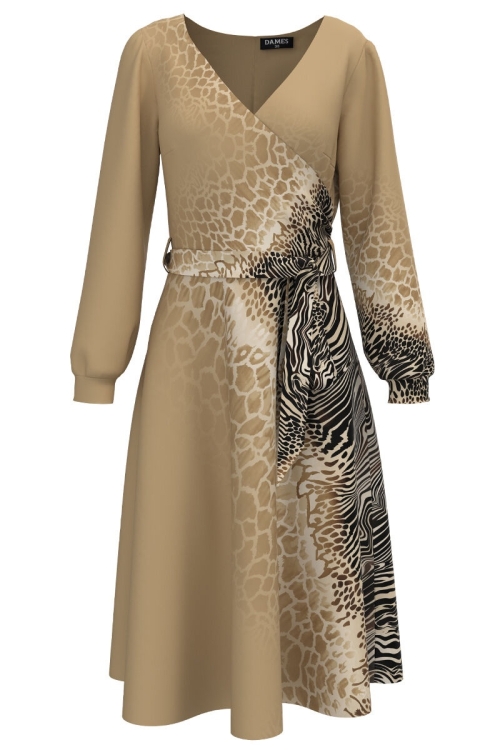 Rochie bej eleganta cu maneca lunga imprimata digital CMD1485 - Img 2