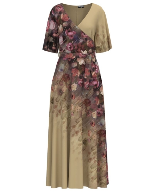 Rochie bej lunga eleganta de seara imprimata digital cu model Floral CMD1060 - Img 1