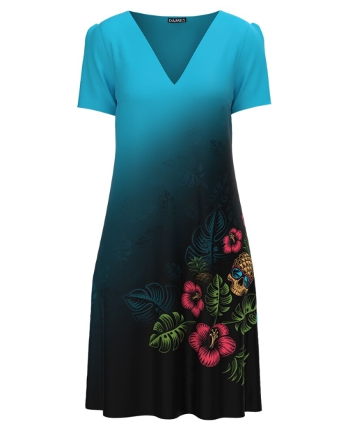 Rochie bleu casual de vara imprimată cu model Tropical CMD2798 - Img 1
