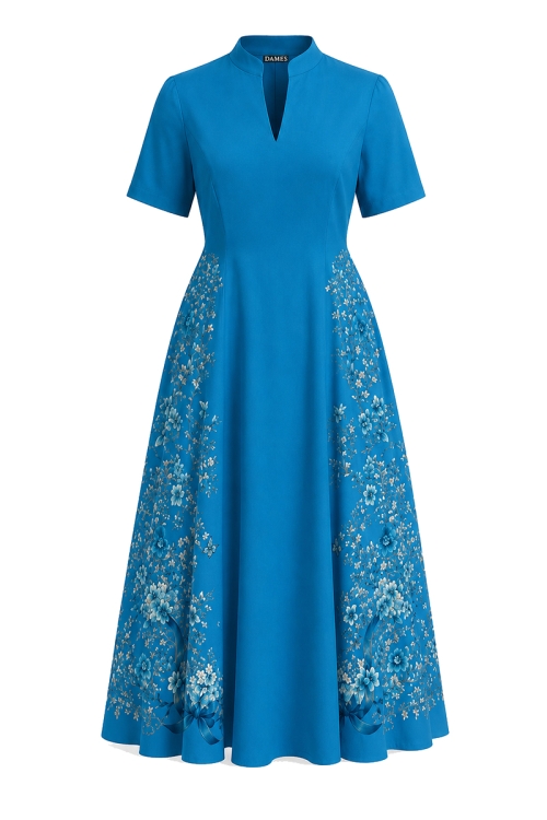 Rochie bleu din in clos cu guler inalt si decolteu in V