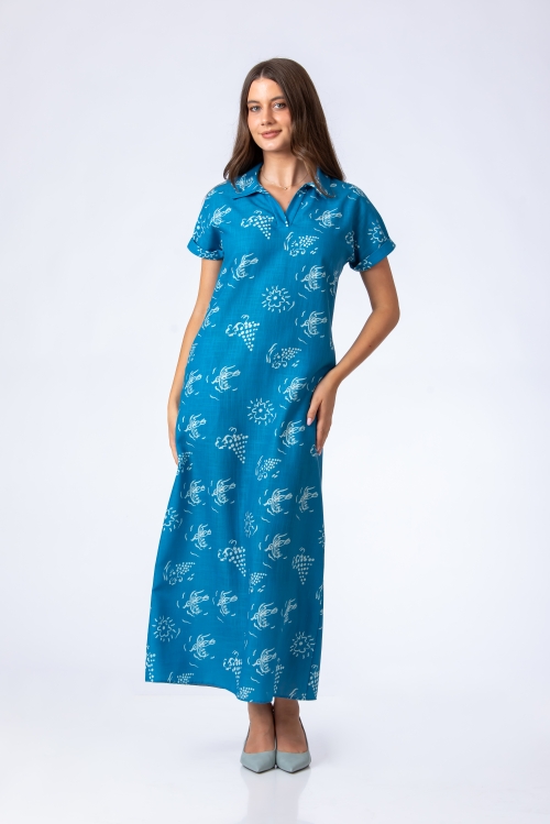Rochie bleu lunga din In cu buzunare imprimata Flori Art by Iulian COPACEL - Img 3