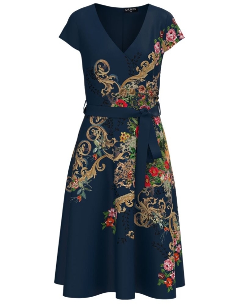 Rochie bleumarin de vara cu maneca scurta imprimata floral