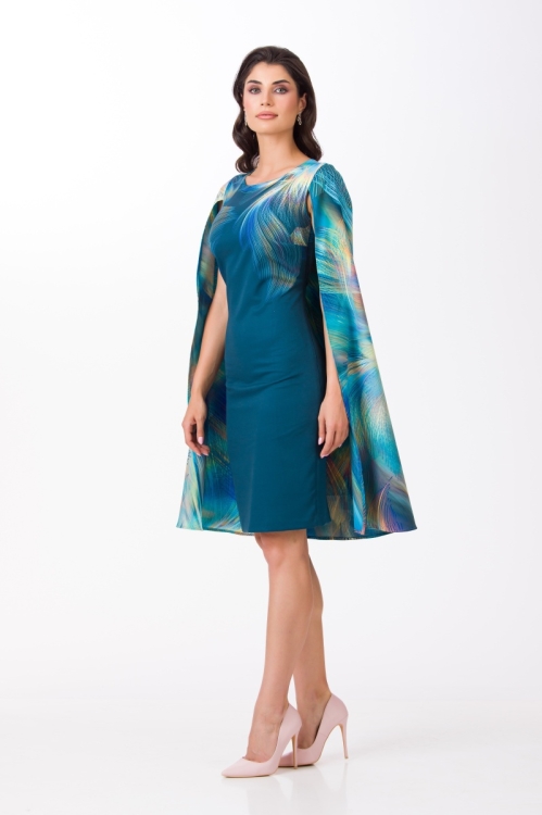 Rochie bleumarin eleganta cu pelerina imprimata multicolor SS24 - Img 3