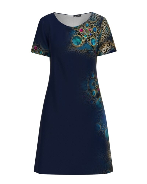 Rochie bleumarin evazata imprimata cu accente turcoaz CMD2736 - Img 1