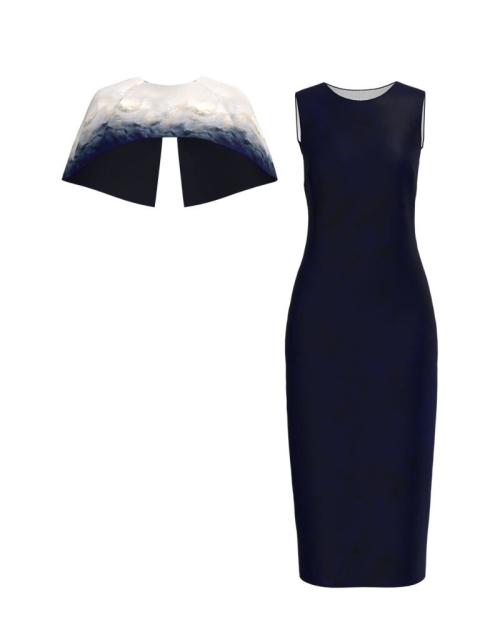 Rochie bleumarin in degrade lunga cu capa detasabila in contrast SS24 - Img 2