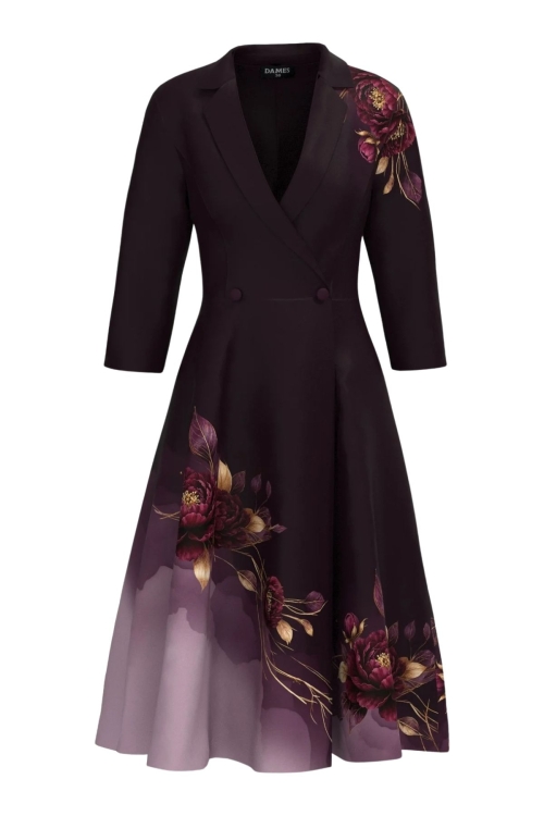 Rochie bordo inchis tip pardesiu petrecuta cu imprimeu floral