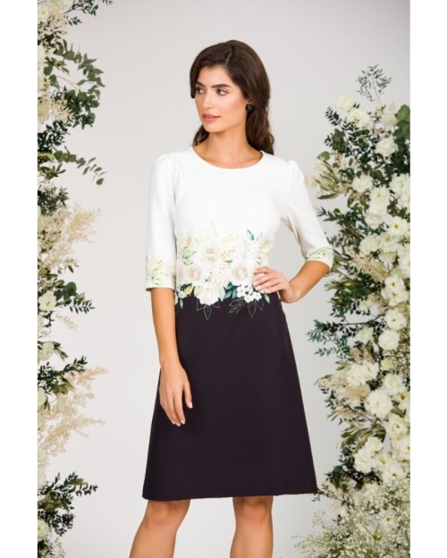 Rochie casual alb negru imprimata cu model trandafiri CMD2995 - Img 6