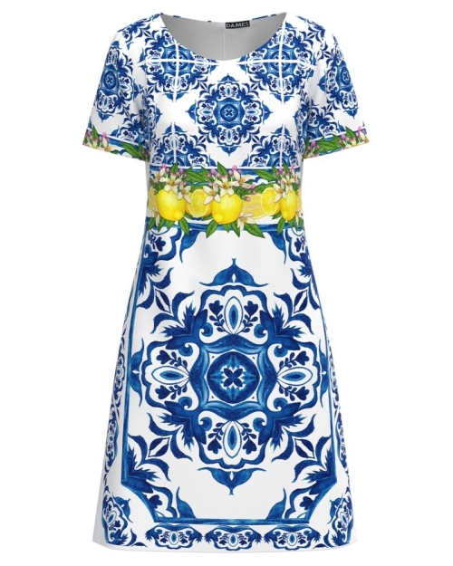 Rochie casual alba imprimata cu lamai si model floral albastru CMD3100 - Img 1