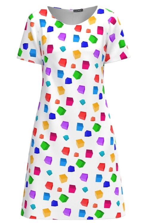 Rochie casual alba imprimata cu model cuburi CMD2906 - Img 2