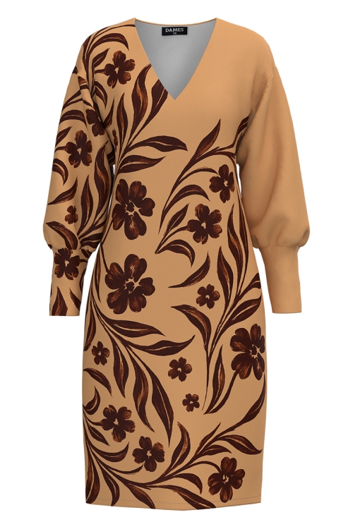 Rochie casual bej din catifea cu imprimeu floral