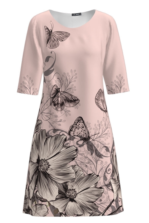 Rochie casual bej imprimata flori si fluturi CMD1227 - Img 2