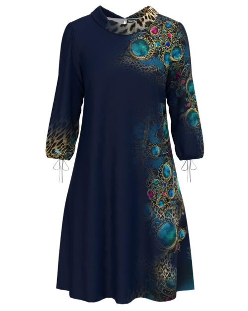 Rochie casual bleumarin cu maneca trei sferturi imprimata cu accente turcoaz CMD3750