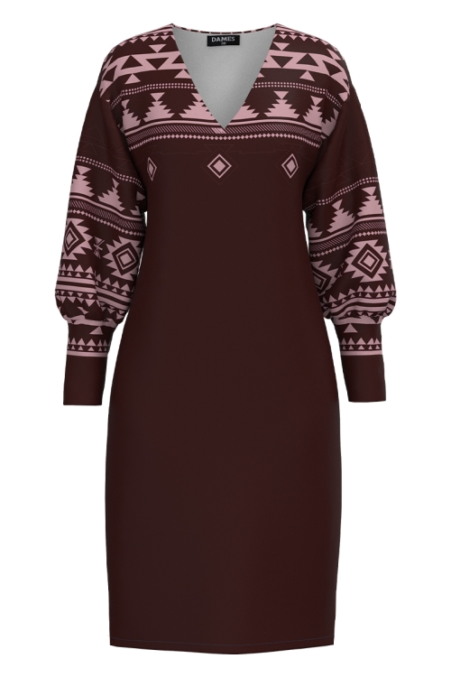 Rochie casual bordo din catifea cu imprimeu traditional