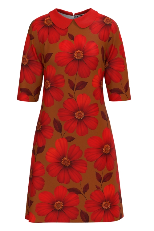Rochie casual cu guler imprimata flori de toamna