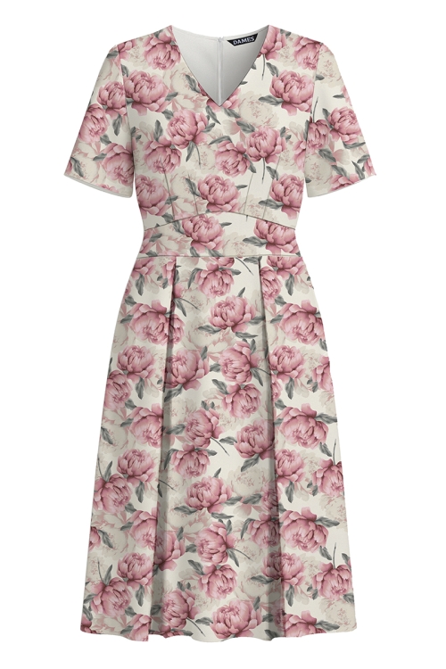 Rochie casual de vara din crepe cu pliuri Bujori romantici