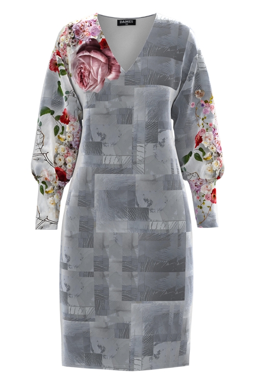 Rochie casual din catifea in nuante de gri imprimata flori de primavara SS25