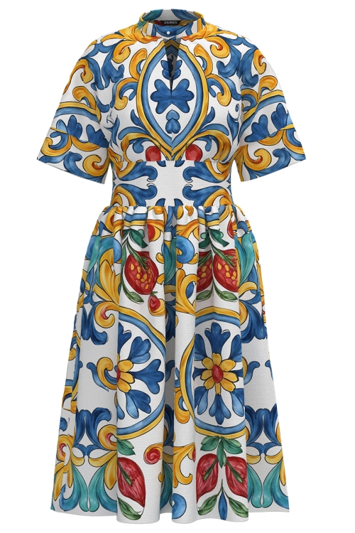 Rochie casual din in cu imprimeu floral multicolor si guler tunica