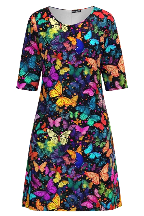 Rochie casual imprimata fluturi multicolori