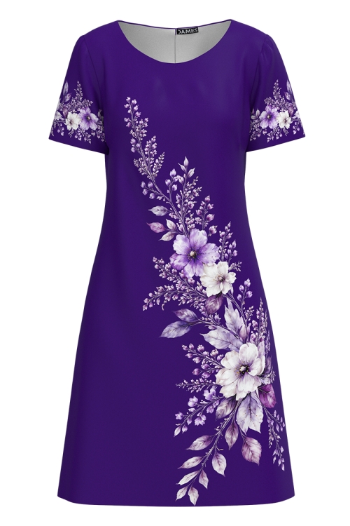 Rochie casual mov imprimata flori de lavanda