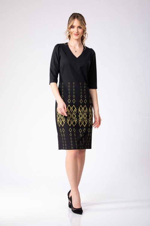 Rochie casual neagra cu decolteu in V imprimata Infinit - Img 4