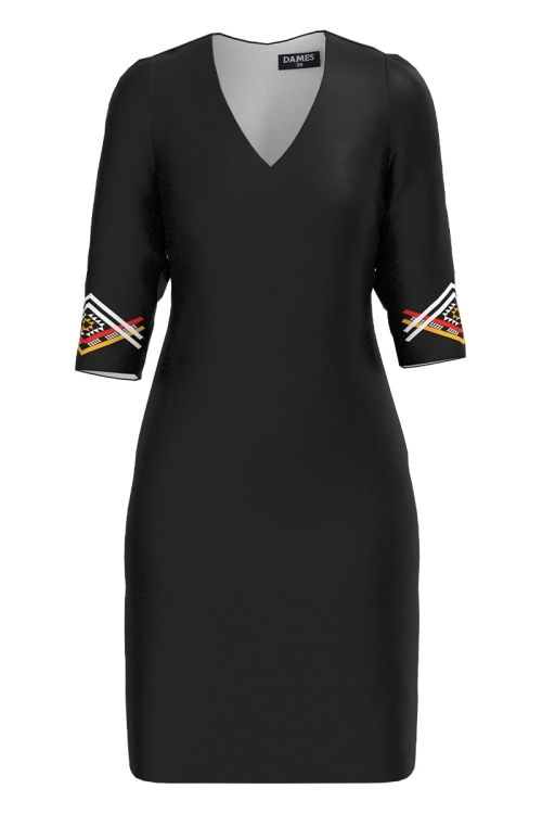 Rochie casual neagra cu decolteu in V imprimata traditional Stoc