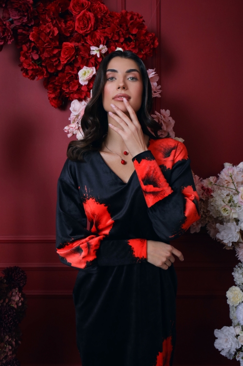 Rochie casual neagra din catifea imprimata Maci SS25 - Img 3