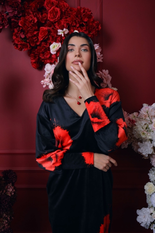 Rochie casual neagra din catifea imprimata Maci Stoc - Img 3