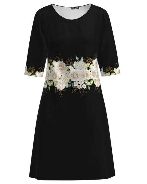 Rochie casual neagra imprimata cu model Trandafiri CMD3415