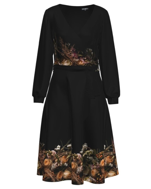 Rochie casual neagra imprimata cu model Trandafiri - Img 1