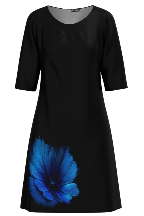 Rochie casual neagra imprimata floare albastra