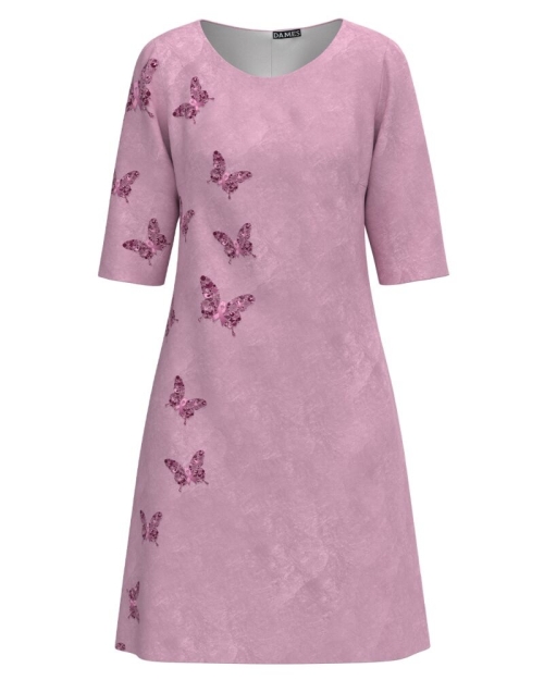 Rochie casual roz pudra imprimata Fluturi CMD3064