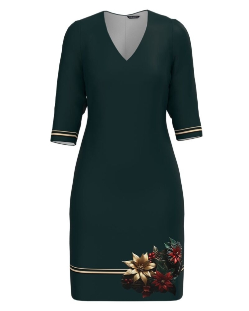Rochie casual verde cu decolteu in V imprimata Floral