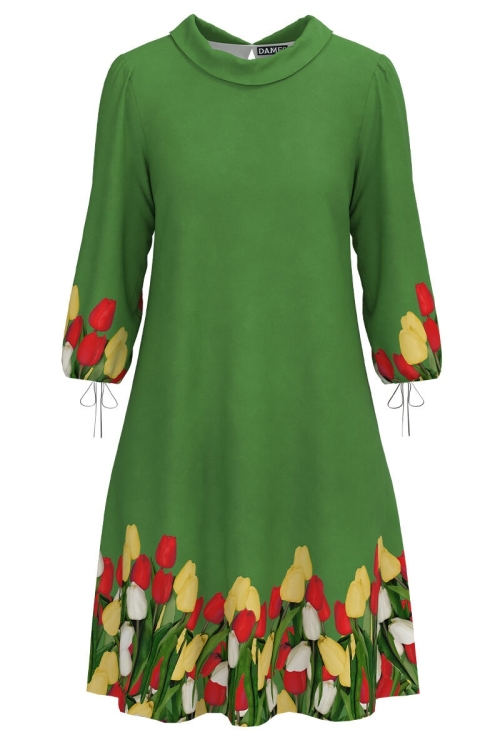 Rochie casual verde cu maneca trei sferturi imprimata Lalele CMD4026