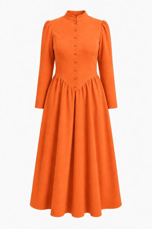 Rochie clos oranj cu maneca lunga si guler tunica