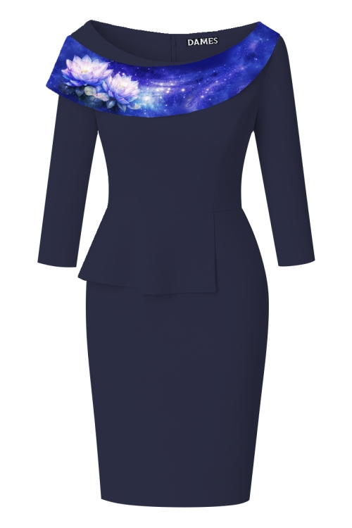 Rochie conica albastra cu volan si detaliu floral