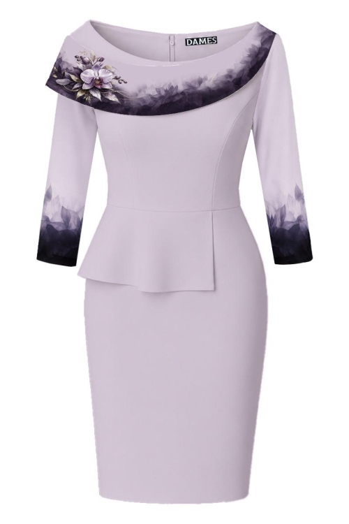 Rochie conica mov pal cu volan si detaliu floral