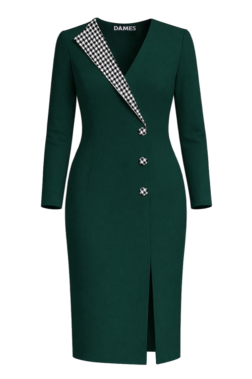 Rochie conica verde eleganta cu rever asimetric