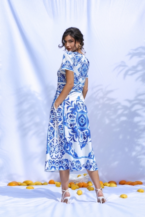 Rochie de vara alba lunga cu buzunare imprimata cu model Albastru CMD2939 - Img 3