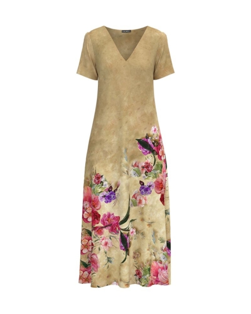 Rochie de vara bej lunga cu buzunare imprimata digital Floral CMD723 - Img 8