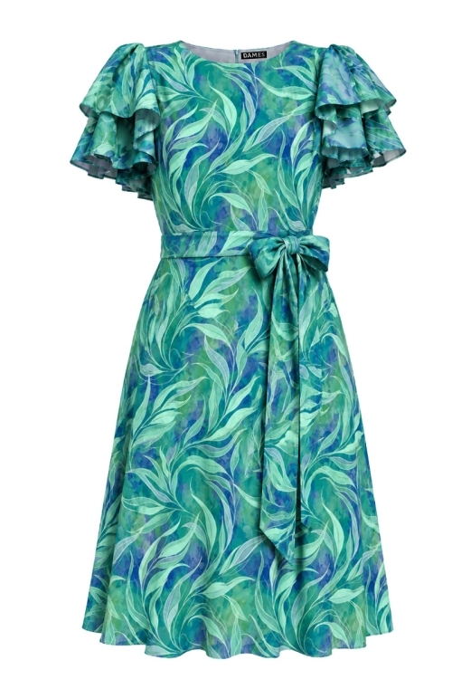 Rochie de vara cu volane la maneci si imprimeu tropical