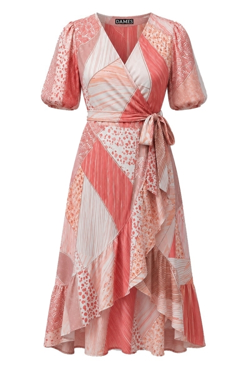 Rochie de vara din crepe parte peste parte cu imprimeu mozaic