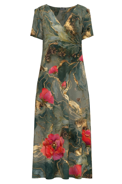 Rochie de vara lunga cu buzunare imprimata flori de mac